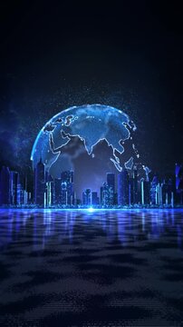 Futuristic Digital Cityscape Holographic Wireframe Globe 3D visualization glowing blue digital city skyline holographic wireframe world map. for topics on global networking, smart cities, big data.