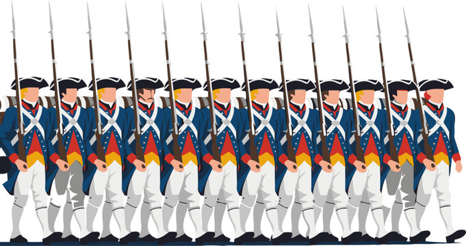 stylized illustration depicts a line of American soldiers marching symbolizing United Freedom Bold graphic design with a muted green background