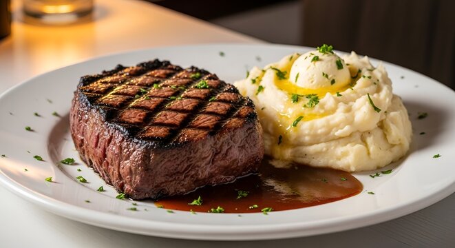 Grilled steak mashed potato plate