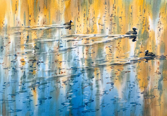 Naklejka premium Spring water golden and blue reflections with ducks watercolor background