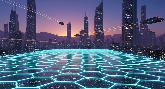 Futuristic cityscape with neon hexagonal grid and flying vehicles at dusk with skyscrapers