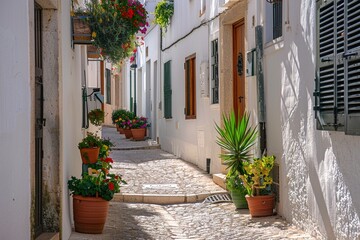 Obraz premium White houses with potted plants and flowers on the doors on a beautiful day, path made with long steps, color image with copyspace