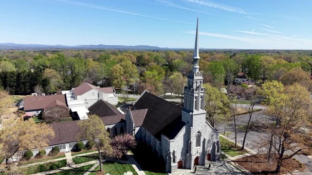 Aerial push in to Corinth Reformed Church in Hickory NC, North Carolina