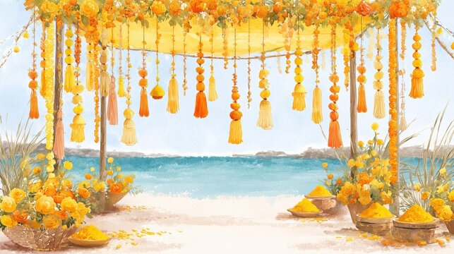 Watercolor illustration of a traditional haldi ceremony setup with yellow flowers and sand on beach.