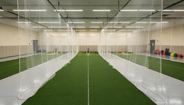 Modern Indoor Cricket Practice Facility with Professional Nets and Turf Pitch