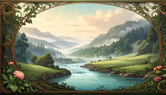 Serene landscape depicting a flowing river, lush green hills, and forested mountains in a decorative gilded frame. A dreamy, picturesque scene