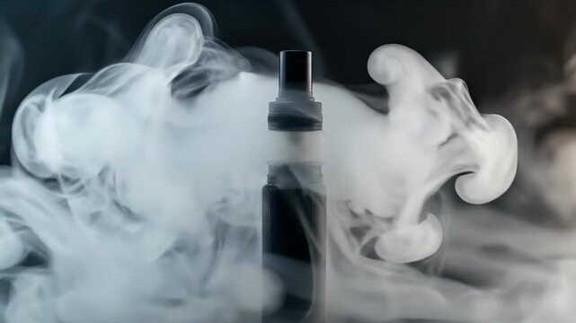 A sleek black electronic cigarette in swirling white vapor clouds.