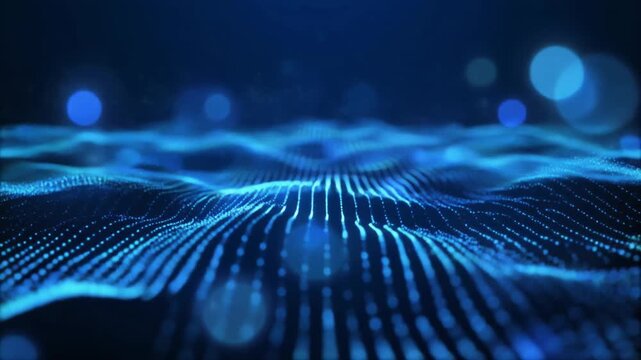 Abstract futuristic digital waves softly flowing with bokeh. Blue particle waves, and dynamic waveforms. Future technology, big data, engineering, and artificial intelligence. Sound waves. 4k loop ai
