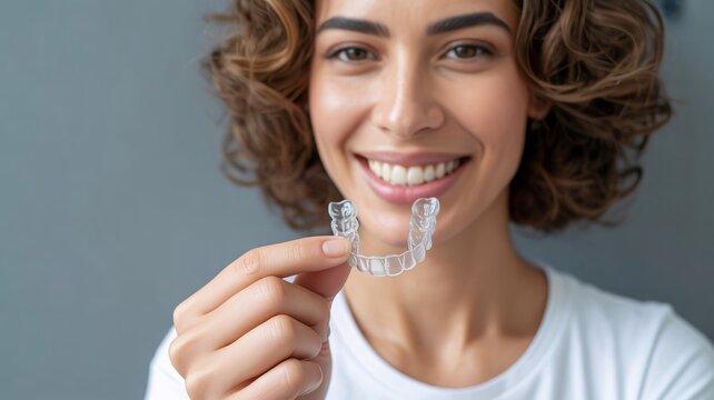 Teeth aligner, clear braces, orthodontic retainer, dental care, woman smiling