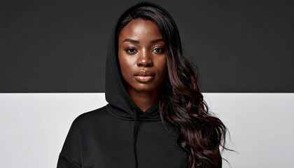 Fototapeta premium Head and shoulders studio portrait of a beautiful young Black woman with long wavy hair wearing