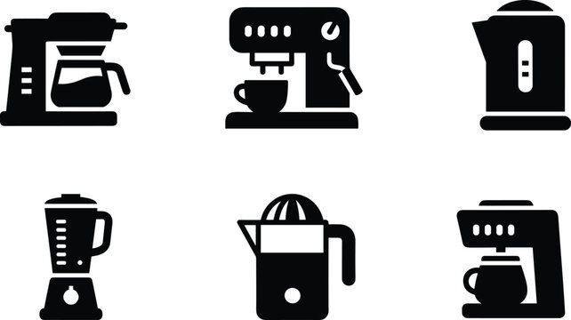 Kitchen appliances silhouette vector icon set featuring coffee maker espresso machine kettle blender juicer and mixer isolated on white background