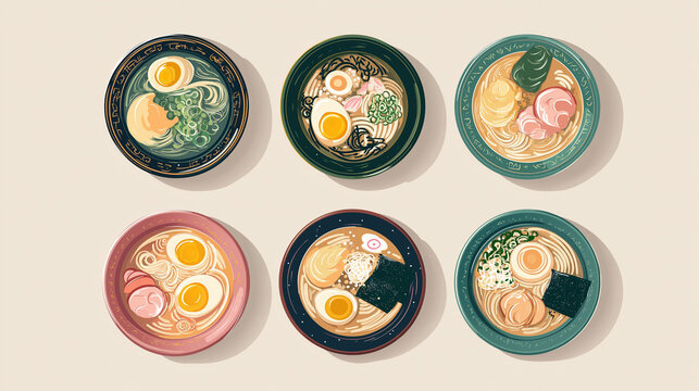Six bowls of ramen noodle soup arranged from above showing different toppings and broths