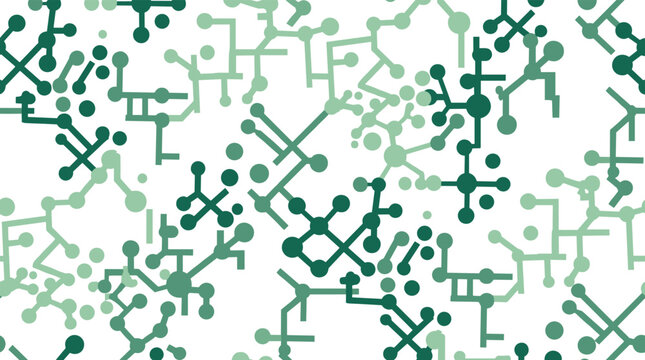 A minimalist seamless pattern shows interconnected green nodes and lines forming a complex network structure reminiscent of a circuit board on a clean white backdrop.