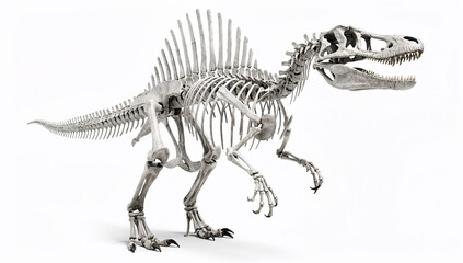Fototapeta premium 3D Rendered Spinosaurus Dinosaur Skeleton Fossil with Dorsal Spine Sail on White Background, Prehistoric Carnivore Bone Structure Museum Display