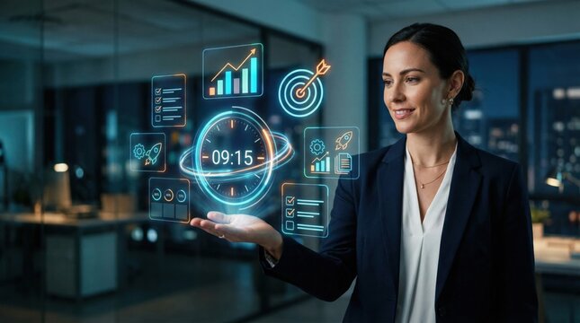 Businesswoman using virtual clock interface for time management and productivity concept