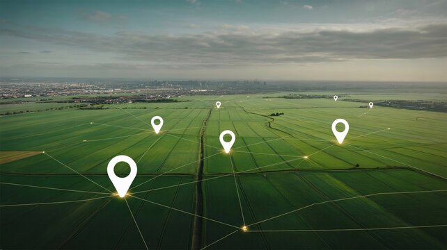 Agricultural landscape, farm fields, location pins, grid map, rural scenery