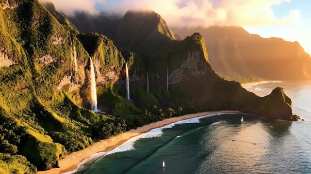 A breathtaking aerial view showcases the dramatic cliffs, lush vegetation, and cascading waterfalls of the Na Pali Coast in Kauai, Hawaii, bathed in the warm glow of the setting sun.