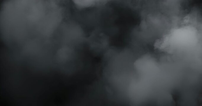 Cinematic 4K slow motion VFX of dense swirling smoke and rolling fog, forming a rich atmospheric composition with soft vapor layers, deep contrast, and fluid organic motion, ideal for cinematic scenes