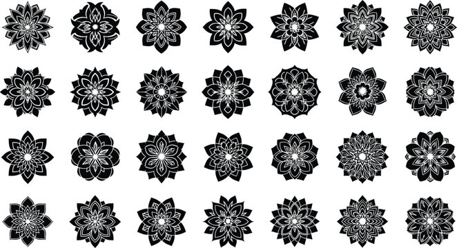 Collection of black and white floral mandala on white background pattern