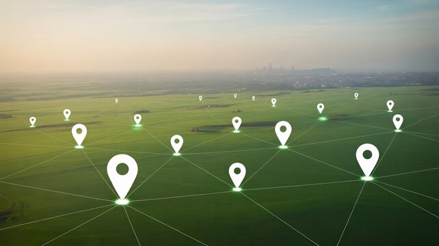 Navigation, location pins on green field, map markers, geographic information system, network connections