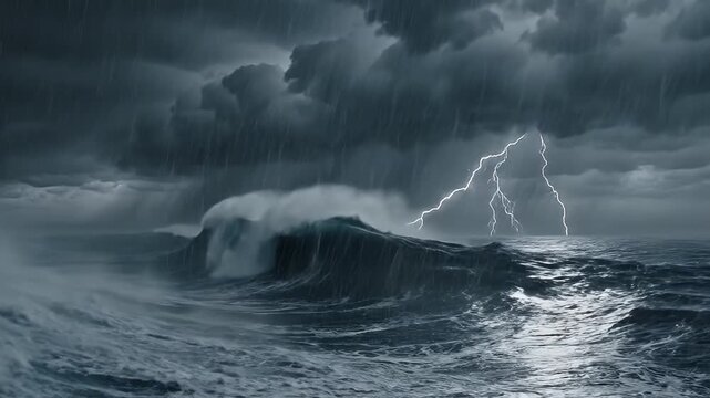 Turbulent ocean waves clash under a dark, stormy sky as a powerful lightning bolt illuminates the raging tempest, a dramatic display of nature's raw and untamed might