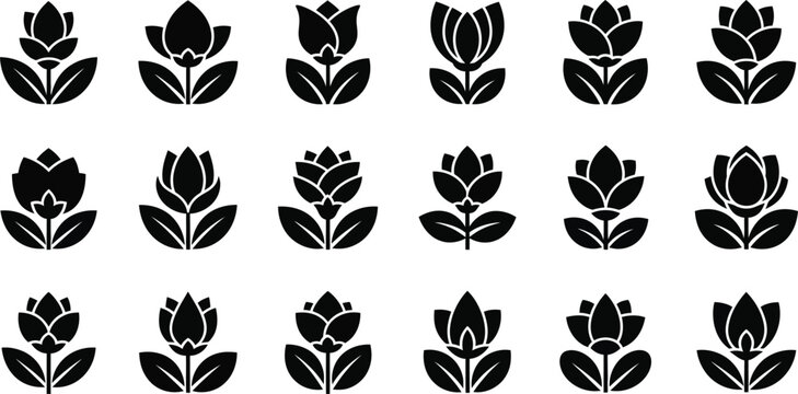 Collection of black stylized flower with leaves flower floral plant nature botanical leaf petal silhouette