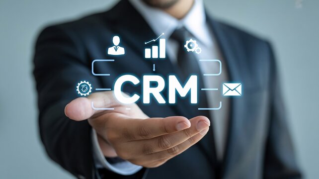 Businessman holding CRM, customer relationship management, digital icons, marketing technology, software concept