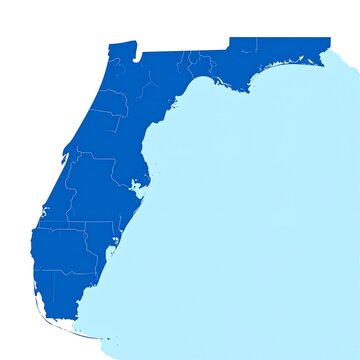 A blue map of a coastal country, outlining its divisions next to a pale blue ocean area