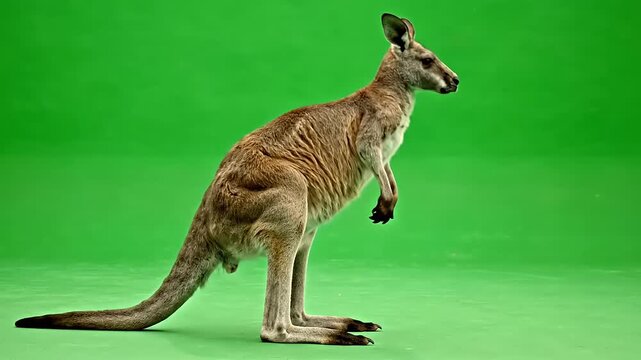 A full body side profile shot of a kangaroo on a green screen