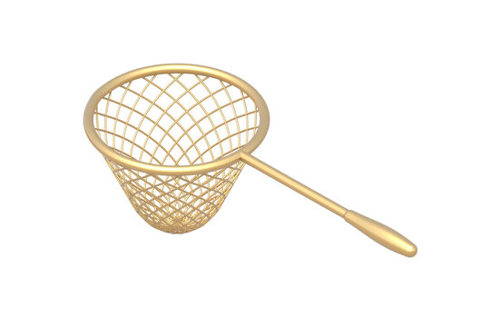 Golden butterfly net isolated on white background. Equipment for fishing. Tool for insects catching. 3d render