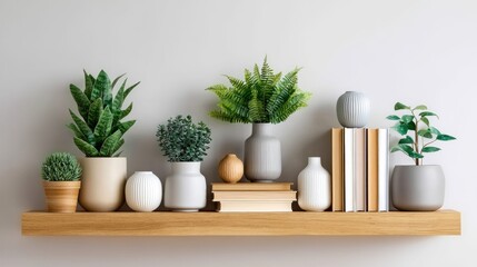 Obraz premium Various potted plants and decorative objects arranged on a wooden shelf