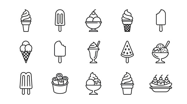 Set of minimalist ice cream line icons including cones, popsicles, sundaes, rolls and fruit pops on white background, concept for menu design, dessert shop branding and mobile app interface