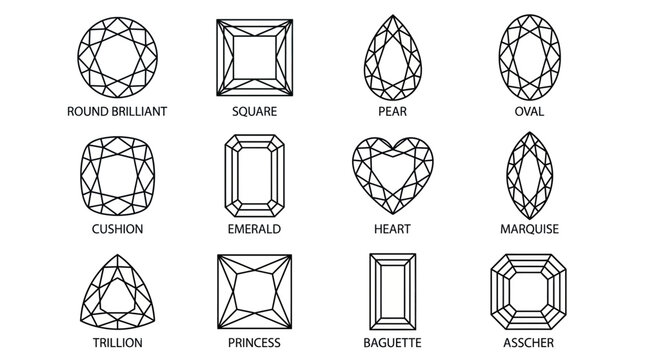 Set of twelve diamond and gemstone cut shape outlines including round, emerald, heart and pear on white background, concept for jewelry design catalog, gemology guide and professional appraisal