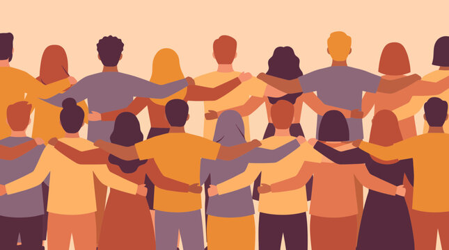 Diverse group of business managers and corporate employees standing together with arms around each other back view illustration, concept for team building, social inclusion and community support