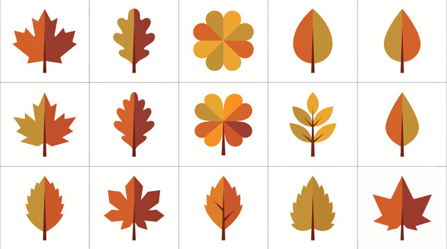 Collection of various autumn leaf icons in flat geometric style on white background, concept for seasonal graphic design, nature branding and fall decoration patterns