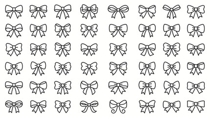 Fototapeta premium Collection of different bow line art icons arranged in a grid pattern on a white background, concept for gift packaging design, festive decoration and fashion apparel accessories