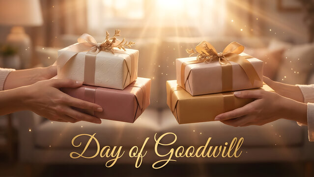 Hands exchanging gift boxes symbolizing goodwill and generosity perfect for holiday greetings and charity campaigns