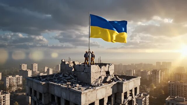 A poignant depiction of civilians navigating a war-torn cityscape, marked by destruction and smoke, with a Ukrainian flag visible amidst the ruins.