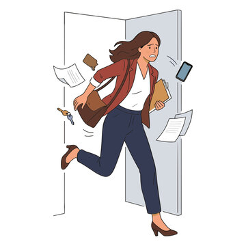 Woman hurries through doorway with papers and phone in hand quickly