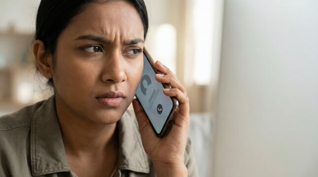 Bangladeshi young woman reacting to suspicious vishing phone call
