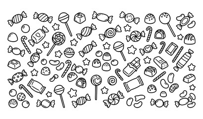 Cute candies doodle line art vector set with sweets and treats for kids illustrations