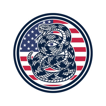 Snake emblem set against an american flag background in circular patch design