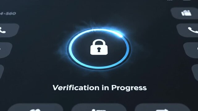 Close up of digital screen showing verification in progress text with padlock icon and glowing blue loading circle, cybersecurity concept