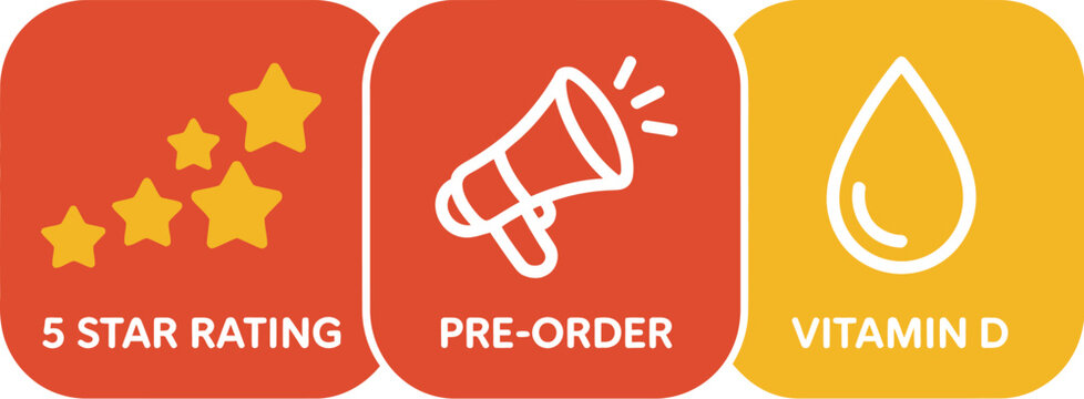 Marketing coupon badge icon set, vector illustrations featuring five star rating pre order announcement and Vitamin D label symbols for promotional campaign design.