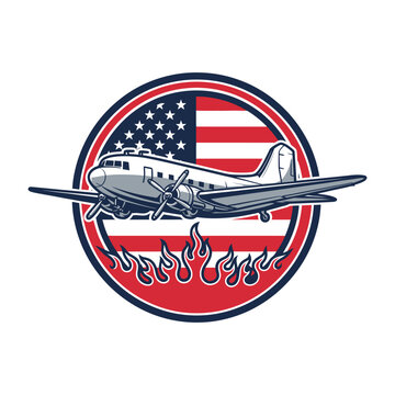 Vintage military aircraft insignia with american flag and flames