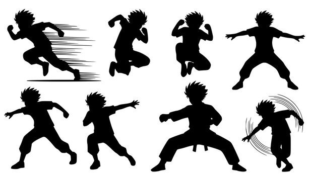 Anime boy action silhouette vector set dynamic cool male character poses collection
