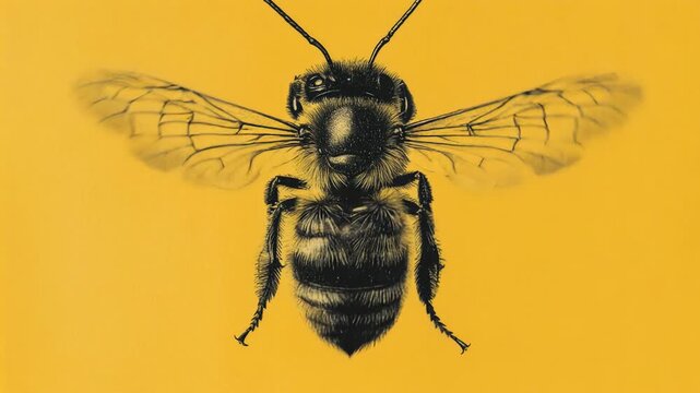 Sketch-style honeybee flapping its wings in a seamless animated loop on a bright yellow background