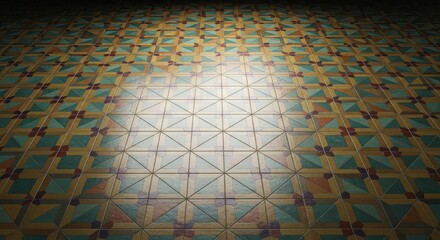 Obraz premium Geometric pattern of vintage ceramic tiles covering a classic interior floor, providing a strong textural background and design element, hardwearing, durable, clean