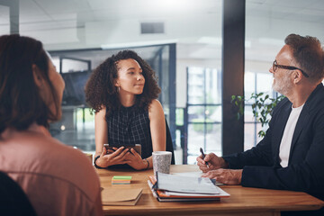 Manager, people and talk in office with tablet, meeting and idea planning for digital marketing...