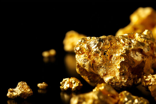 Gold nuggets on black background. Precious metal wealth. Shiny golden ore pieces.